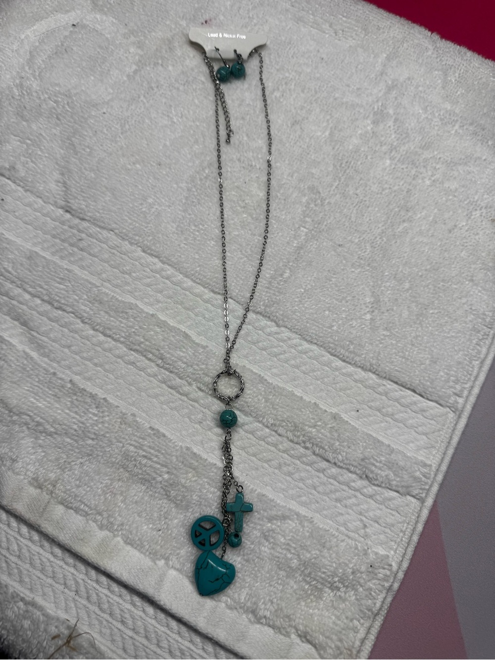 Turquoise Charm Drop Necklace with Cross and Heart Pendant